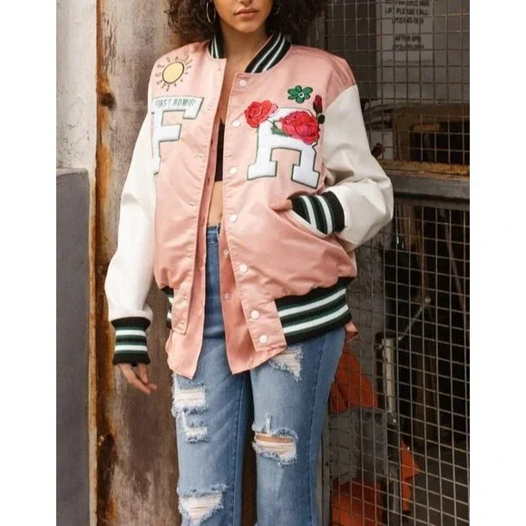 First Row Easy Hours Varsity Letter Contrast Patch Bomber Jacket Snap Pink Small - Picture 3 of 16